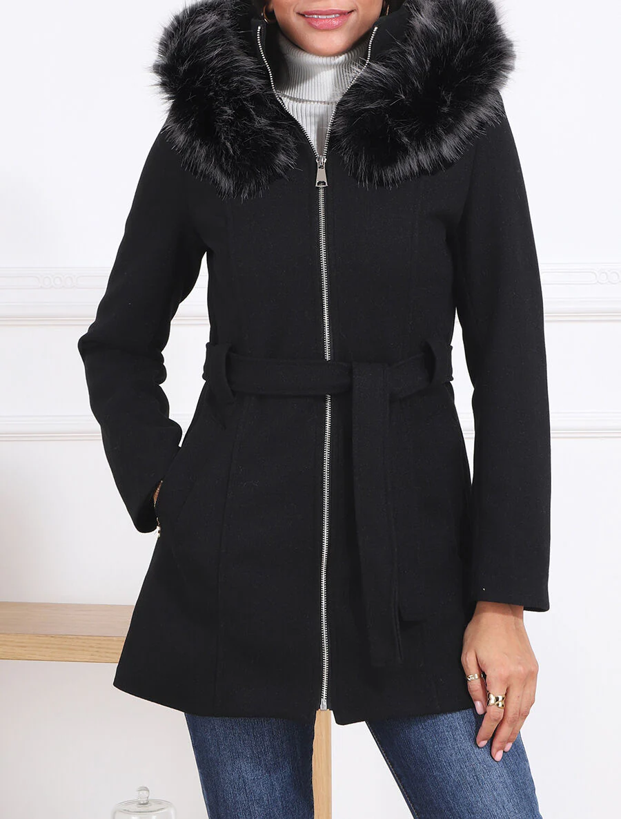 Manteau ajusté à capuche amovible - Noir - Image 4