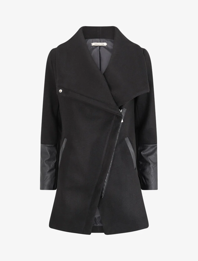 Manteau asymétrique à empiècements en simili - Noir