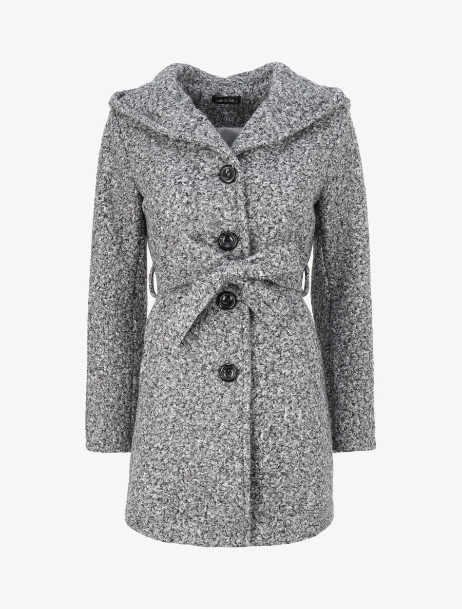 Manteau boutonné à capuche - Gris chiné