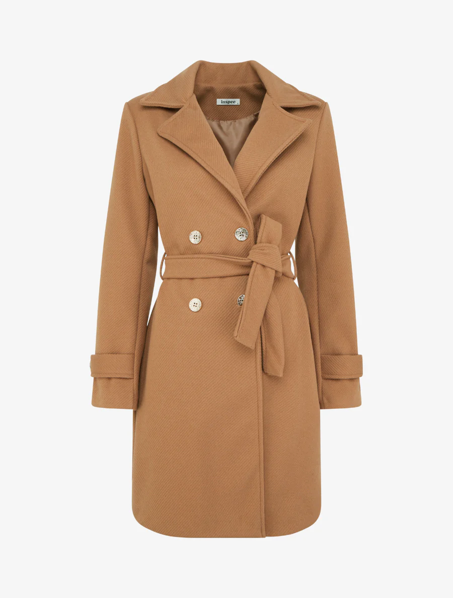 Manteau droit croisé à boutons - Camel