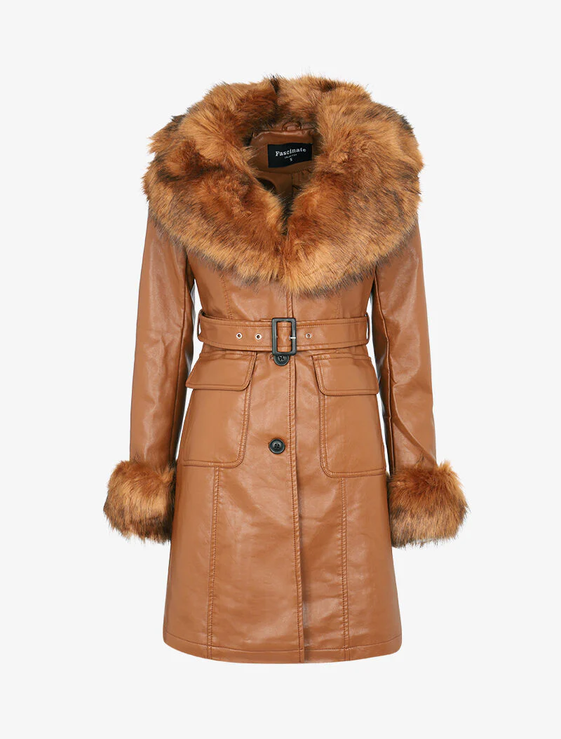 Manteau en simili à bords fourrure - camel