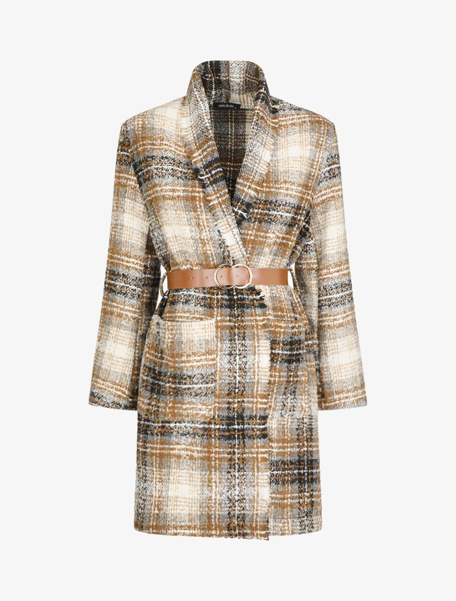 Manteau léger effet tweed motif carreaux - Camel
