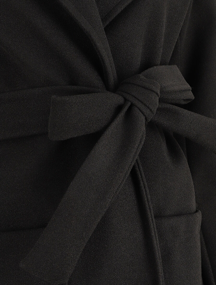 Manteau long à capuche et col châle - Noir - Image 3