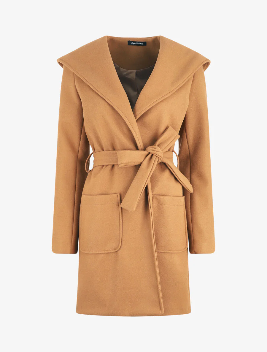 Manteau long à capuche et col châle - Camel