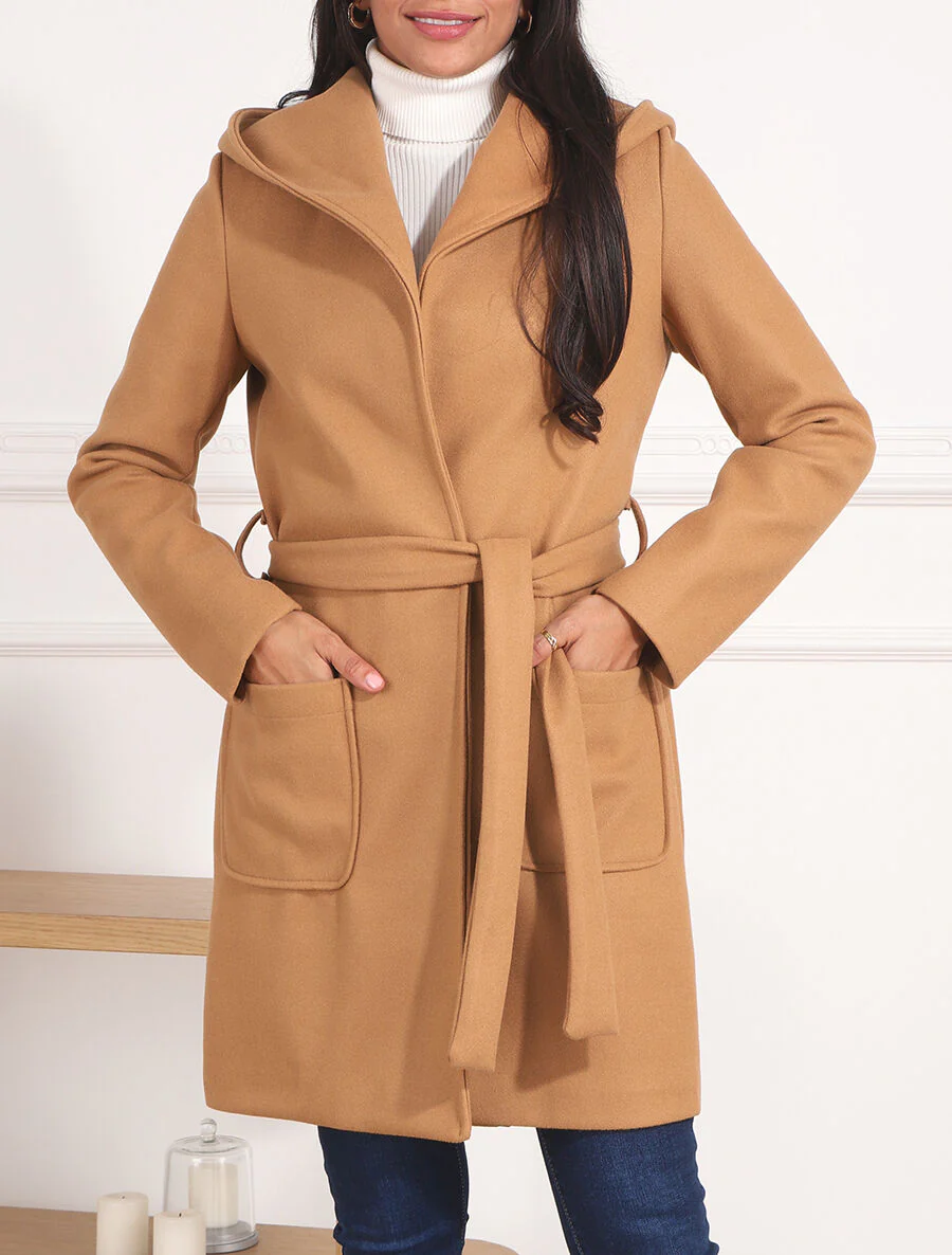 Manteau long à capuche et col châle - Camel - Image 4