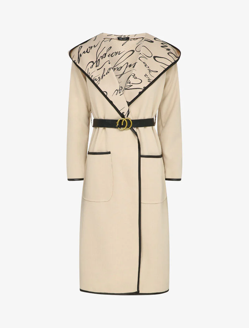 Manteau long à capuche et doublure à messages - Beige