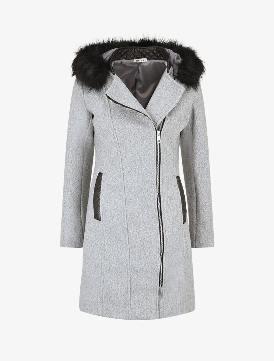 Manteau long à capuche et fourrure synthétique - Gris