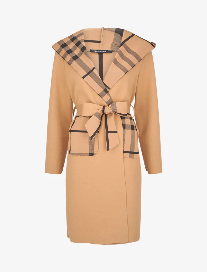 Manteau long à capuche et poches à motif tartan - Camel