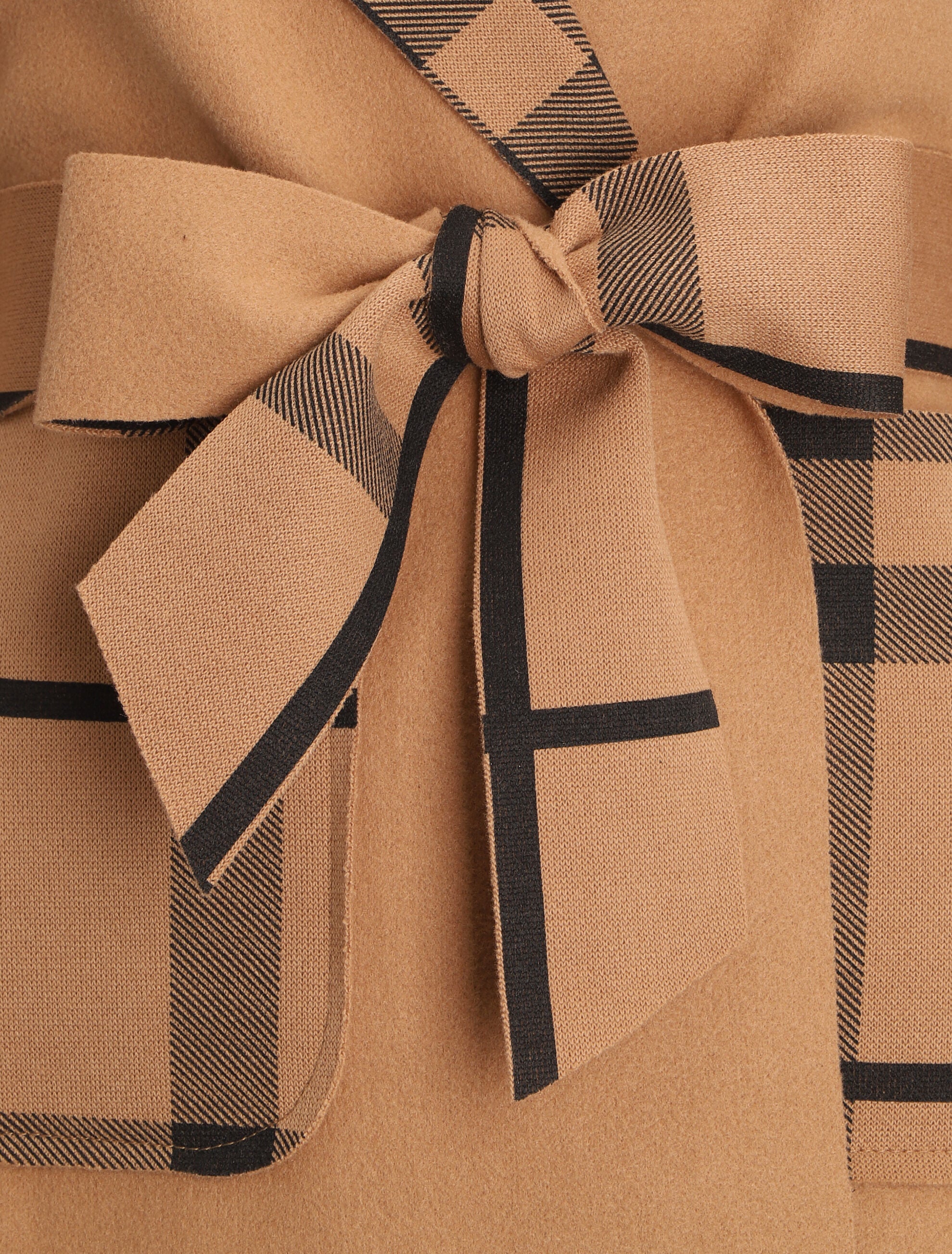 Manteau long à capuche et poches à motif tartan - Camel - Image 3
