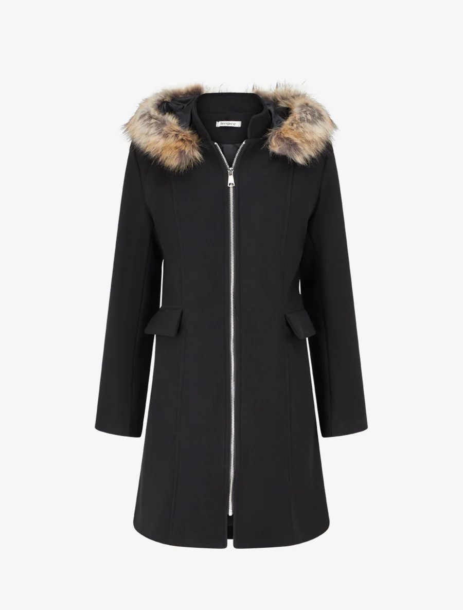 Manteau long à capuche et zip - Noir