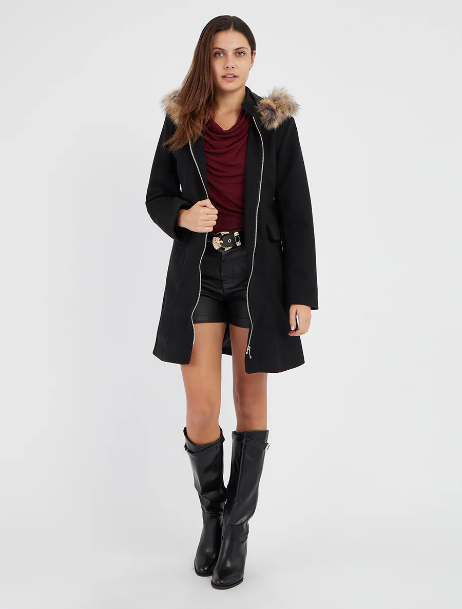 Manteau long à capuche et zip - Noir - Image 4