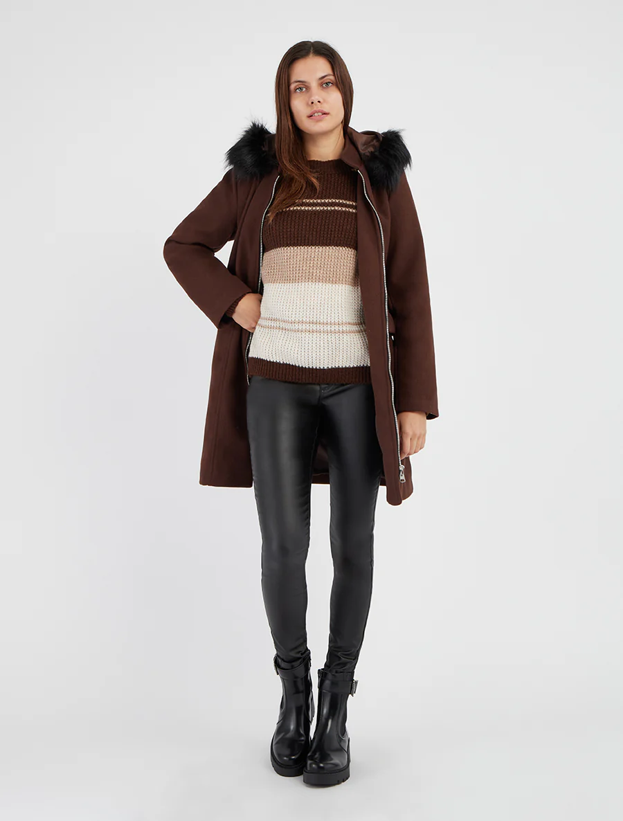 Manteau long à capuche et zip - Marron - Image 4