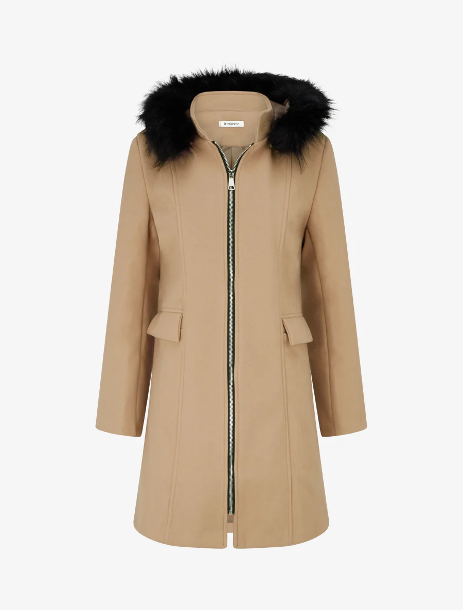 Manteau long à capuche et zip - Camel clair
