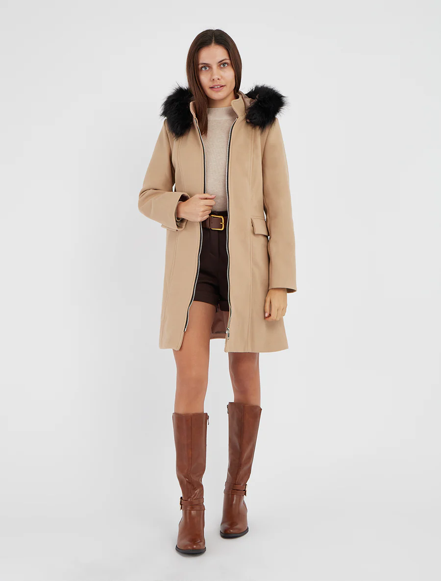 Manteau long à capuche et zip - Camel clair - Image 4