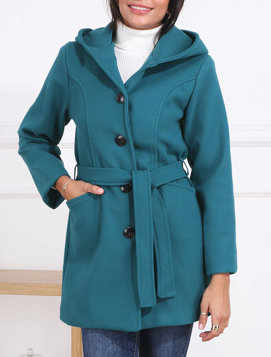 Manteau long à capuche uni - Bleu canard - Image 4