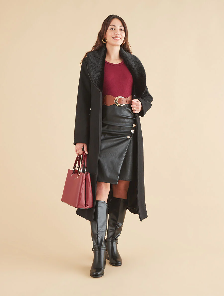 Manteau long à col en fourrure synthétique - Noir - Image 5