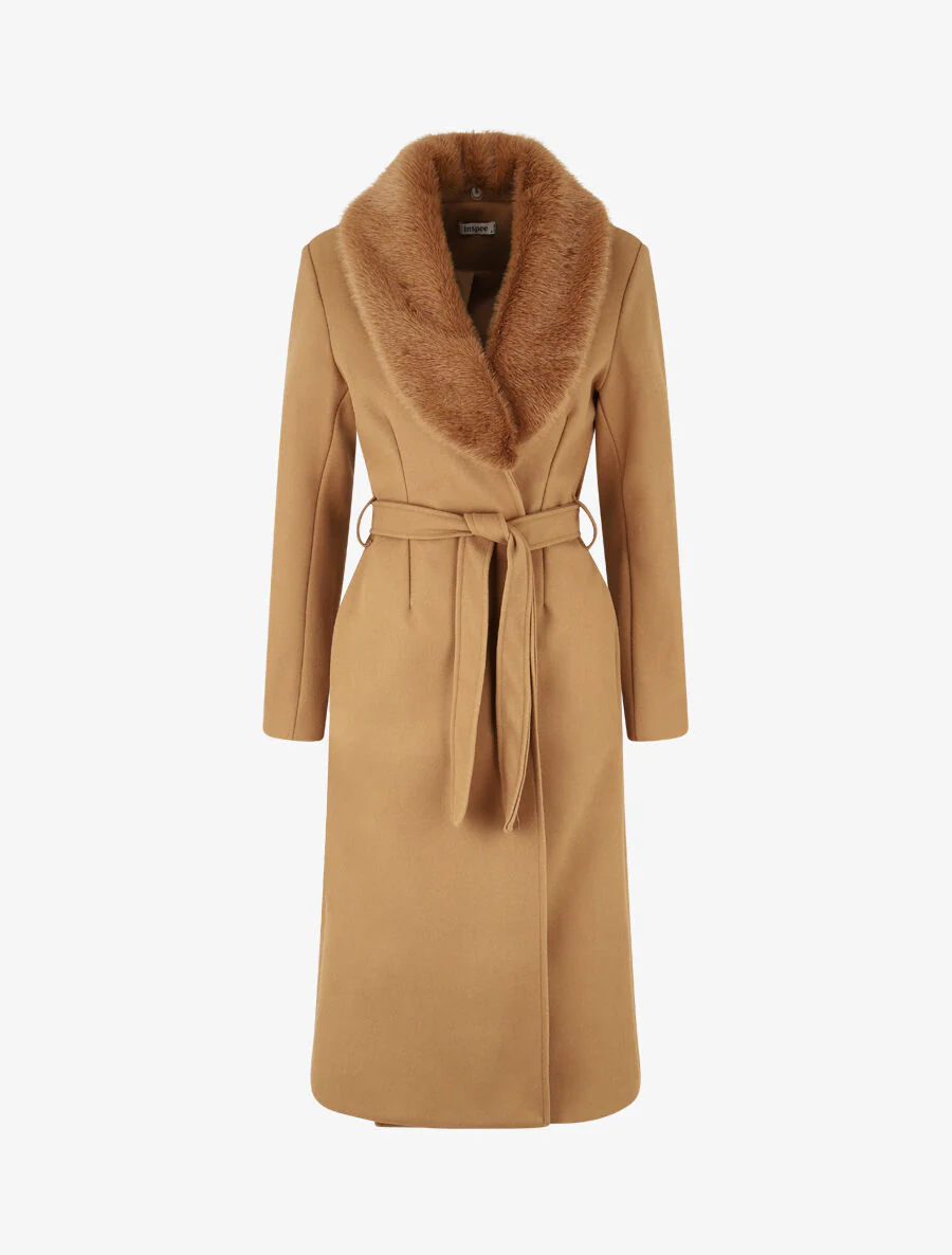 Manteau long à col en fourrure synthétique - Camel