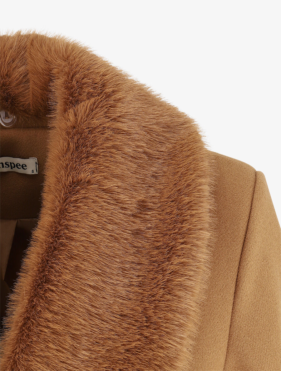 Manteau long à col en fourrure synthétique - Camel - Image 3