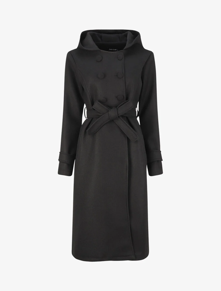 Manteau long à pans croisés et capuche - Noir