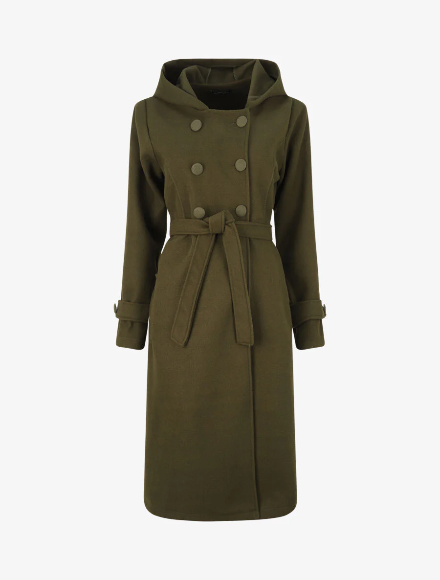 Manteau long à pans croisés et capuche - Kaki