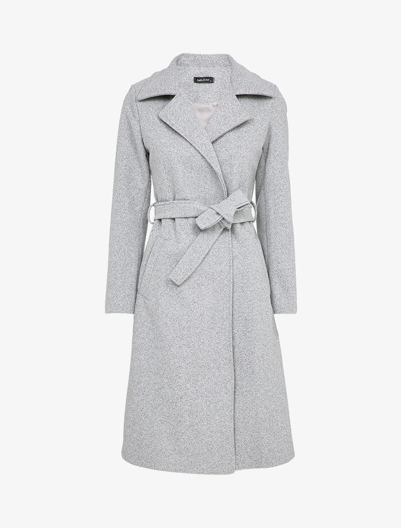 Manteau long ceinturé à col cranté - Gris chiné