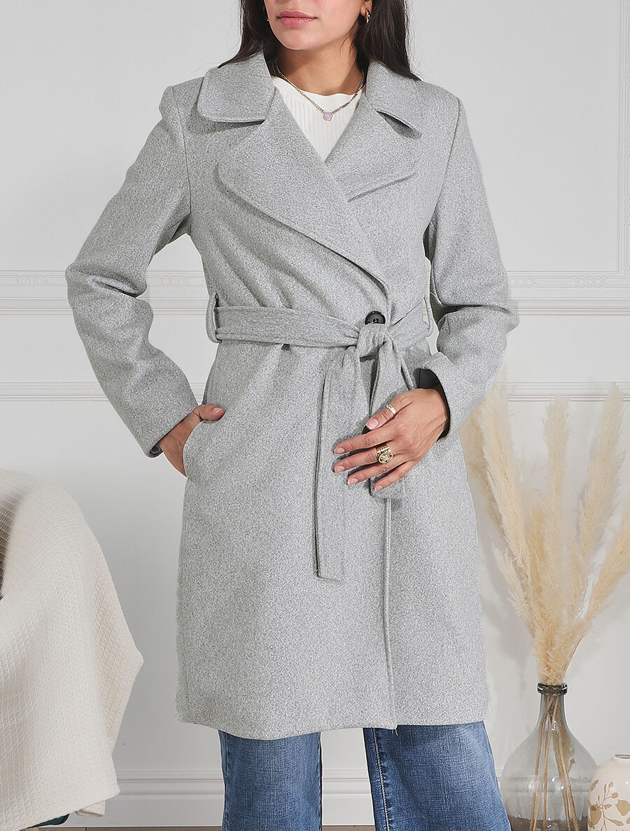 Manteau long ceinturé à col crantée - Gris chiné - Image 4