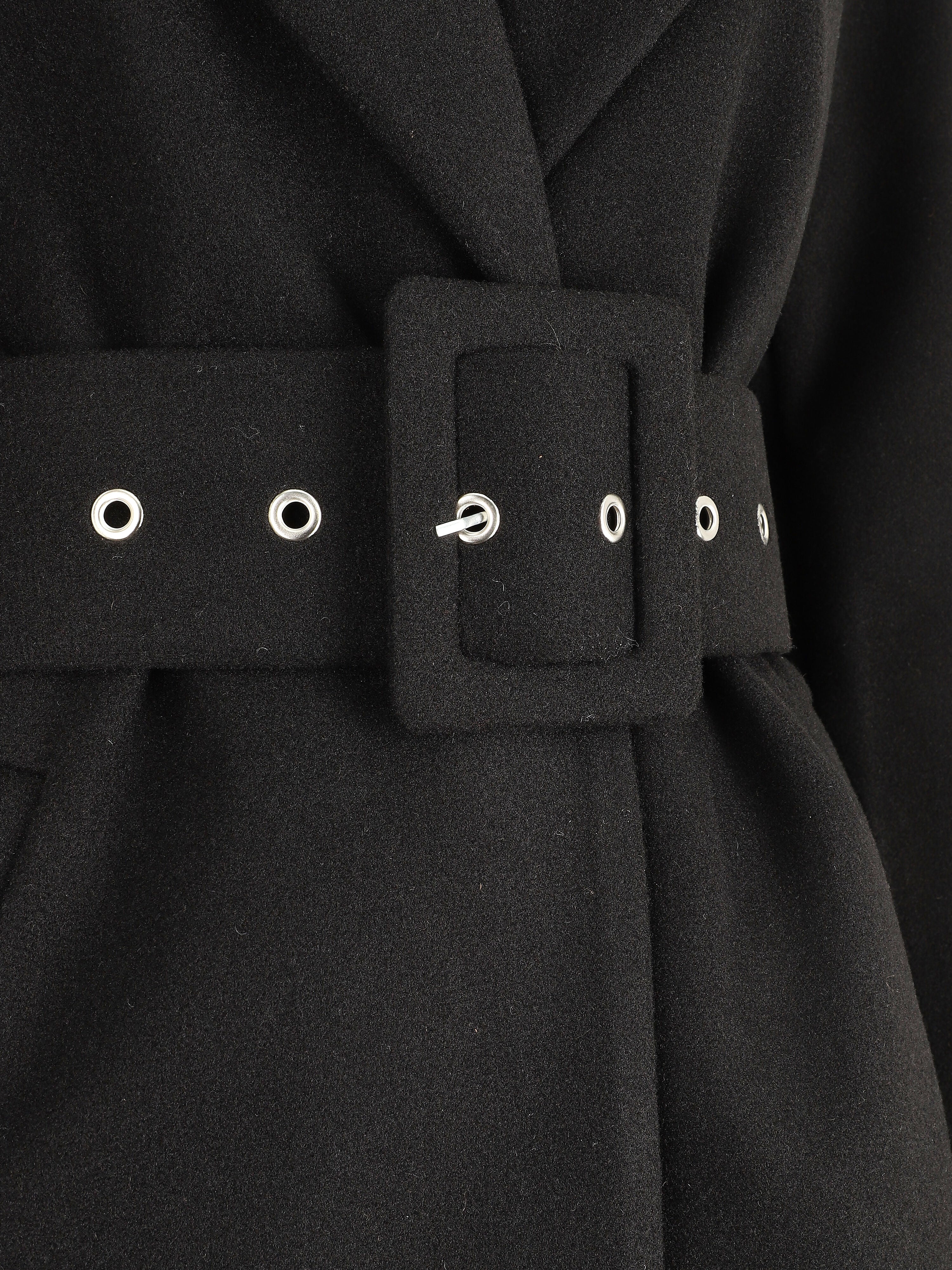 Manteau long ceinturé à col cranté - Noir - Image 3