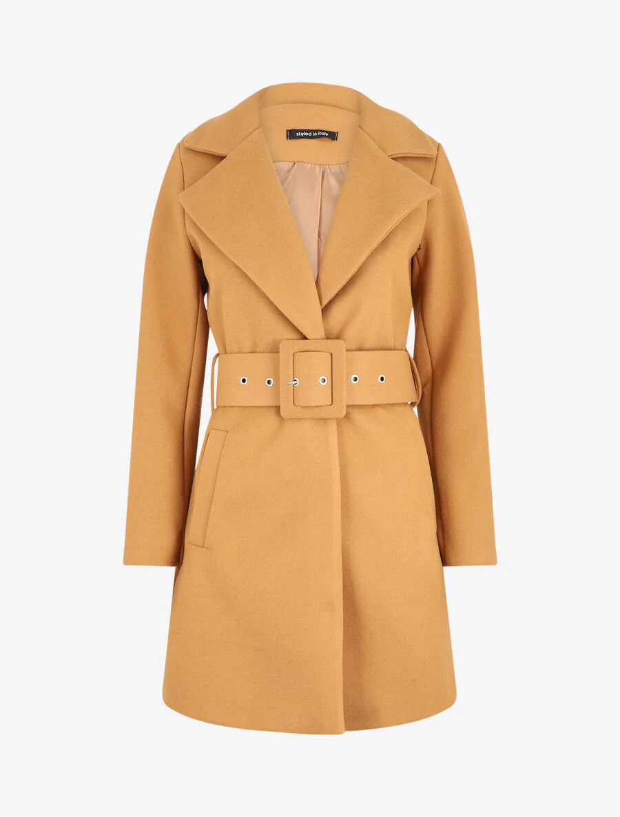 Manteau long ceinturé à col cranté - Camel
