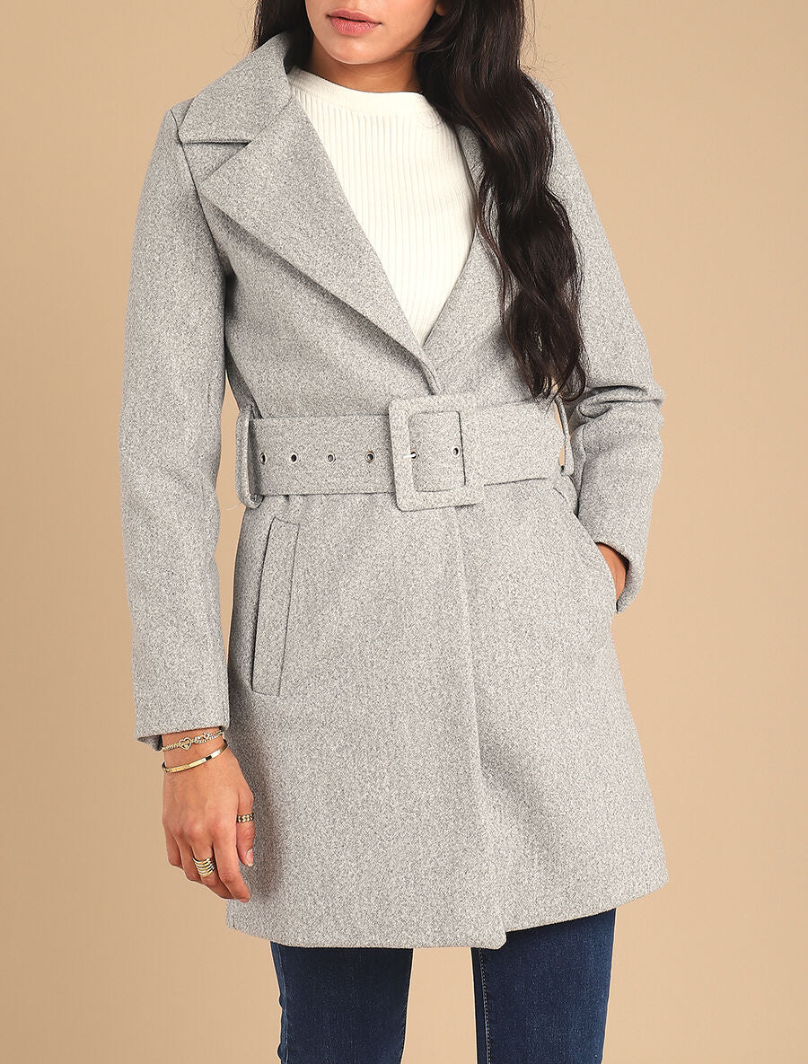 Manteau long ceinturé à col cranté - Gris - Image 4
