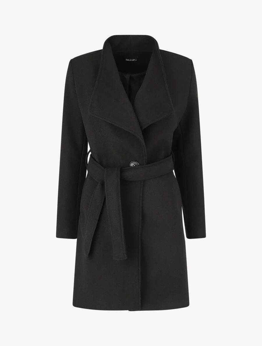 Manteau long ceinturé à col droit - Noir