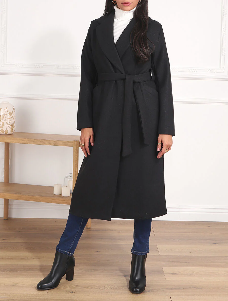 Manteau long ceinturé - Noir - Image 4