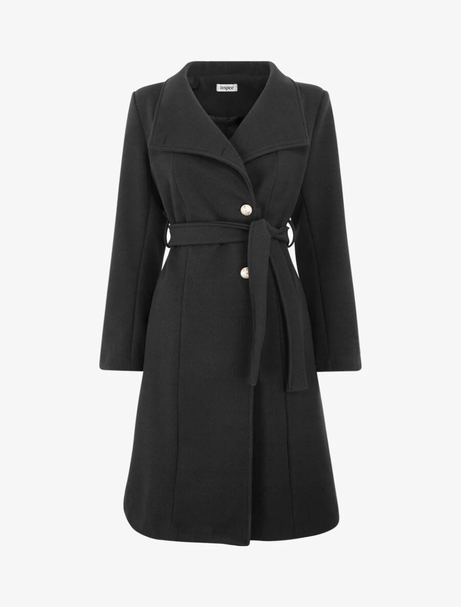 Manteau long uni à boutons marins dorés - Noir