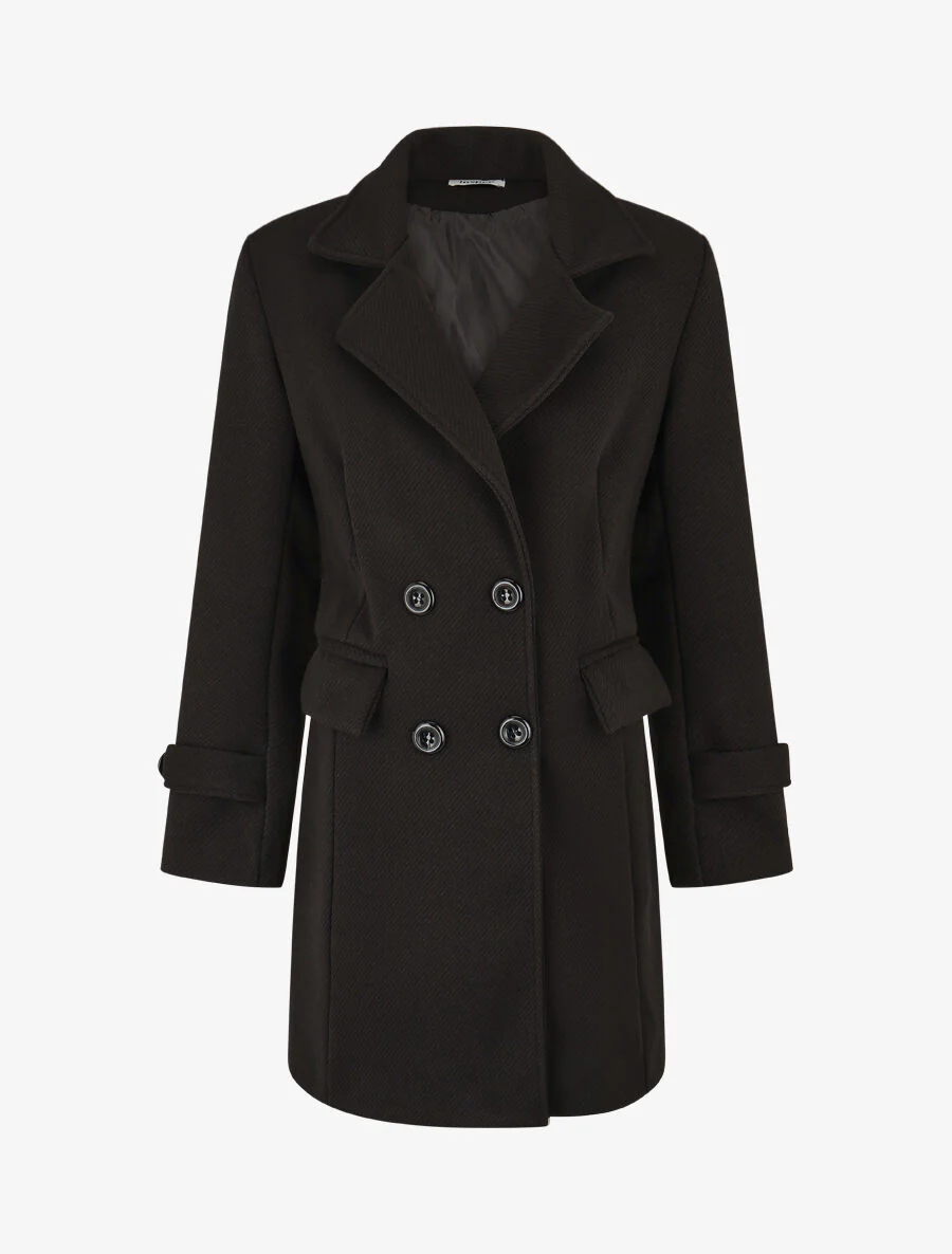 Manteau long uni à col cranté - Noir