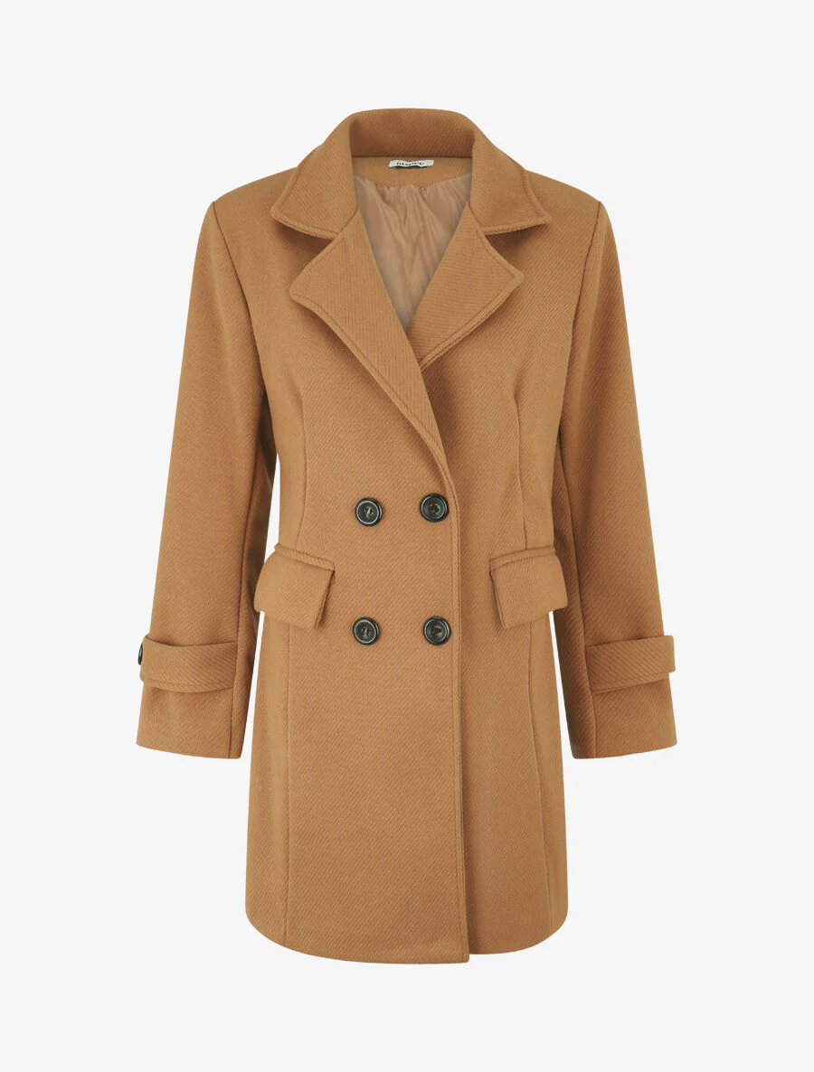 Manteau long uni à col cranté - Camel