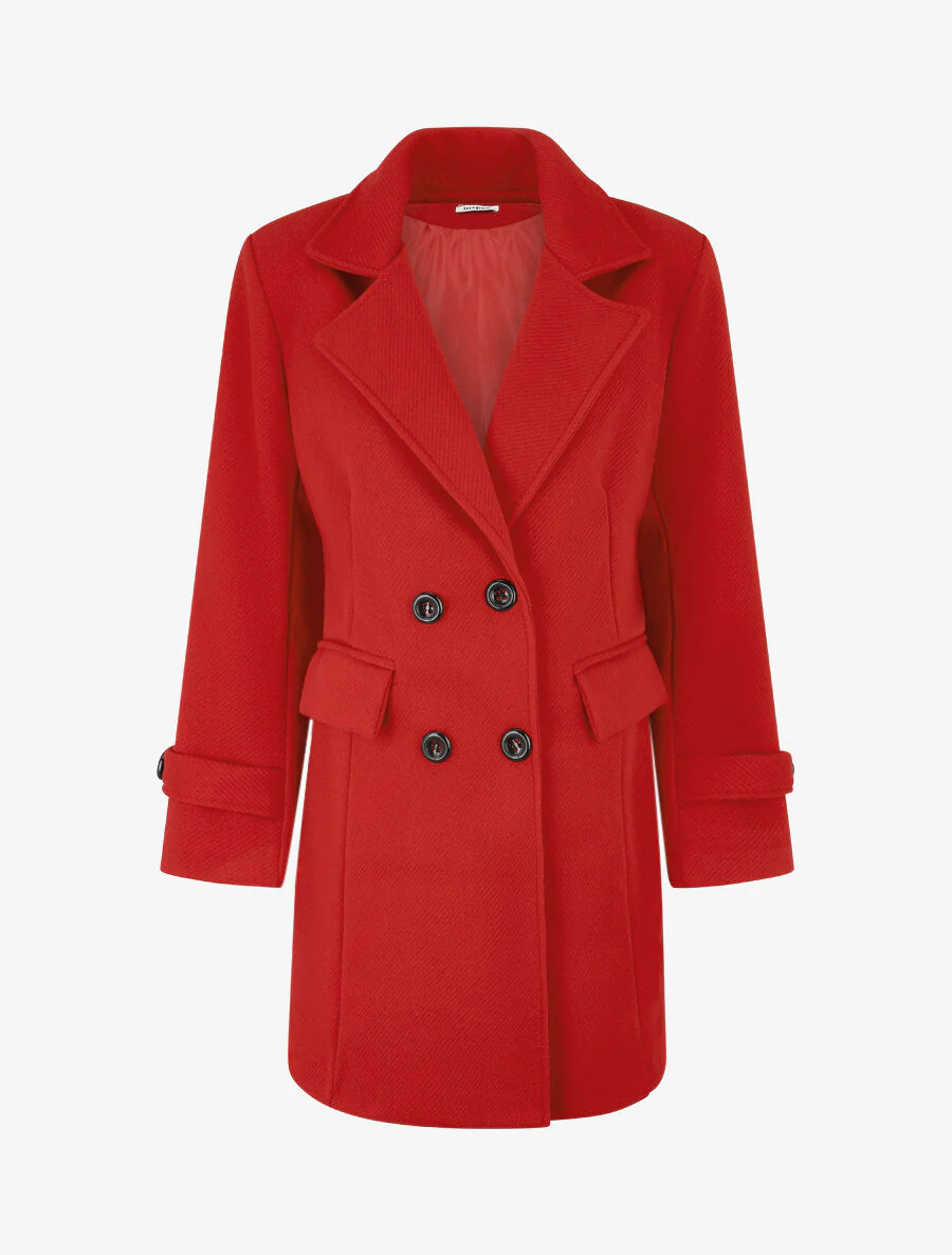 Manteau long uni à col cranté - Rouge