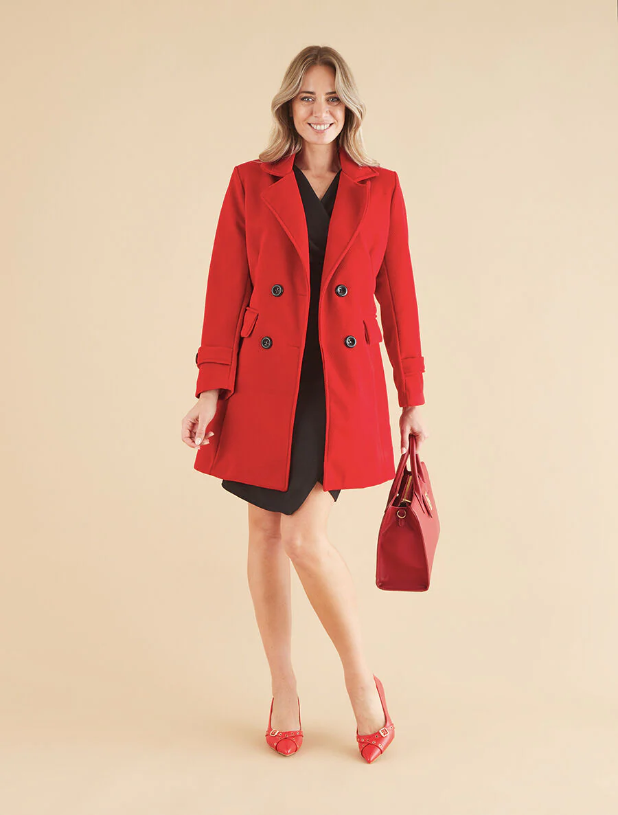 Manteau long uni à col cranté - Rouge - Image 4