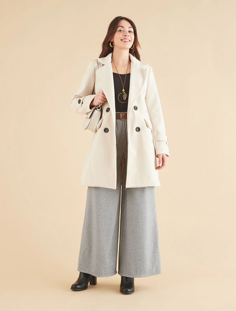 Manteau long uni à col cranté - Beige - Image 4