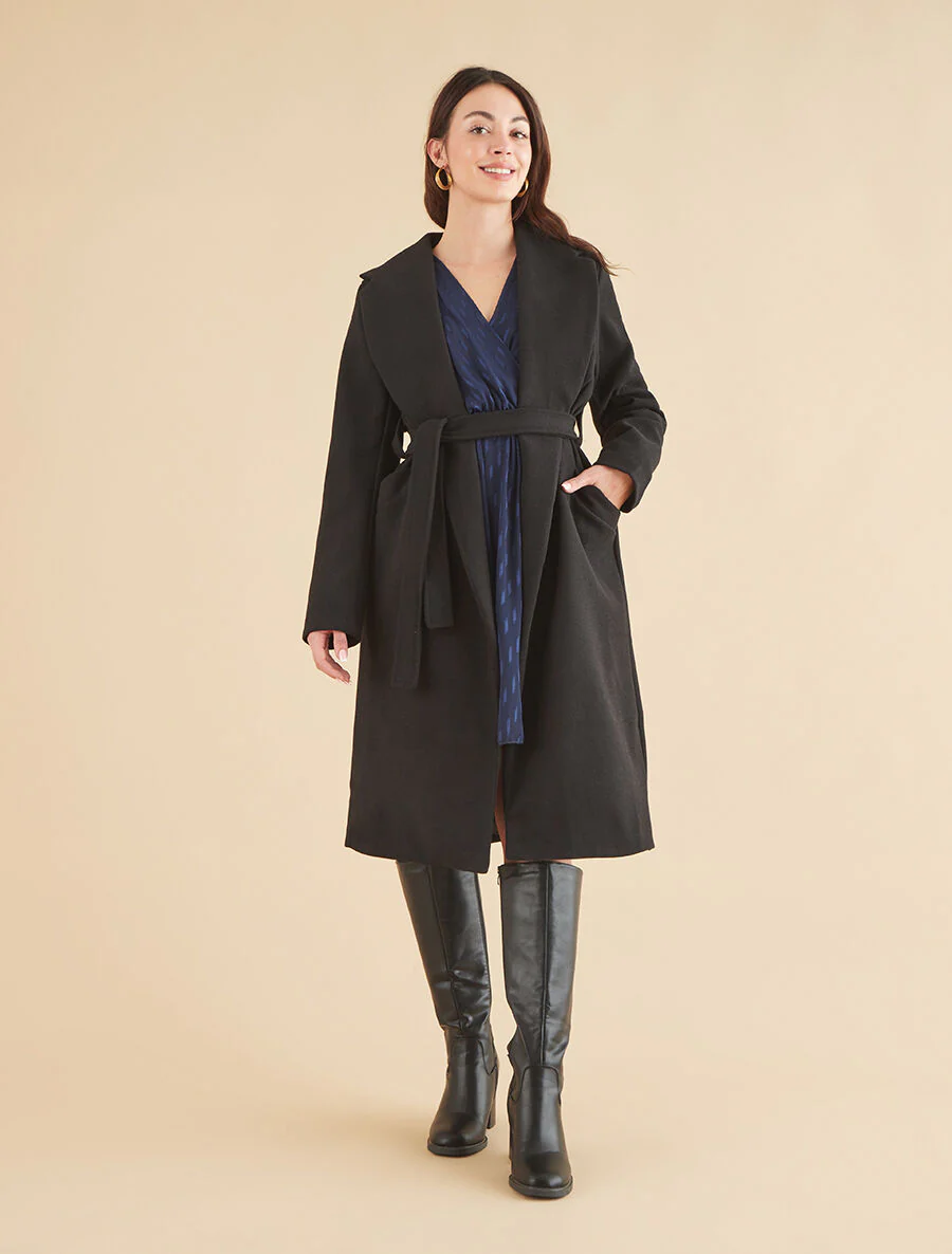 Manteau long uni ceinturé - Noir - Image 4
