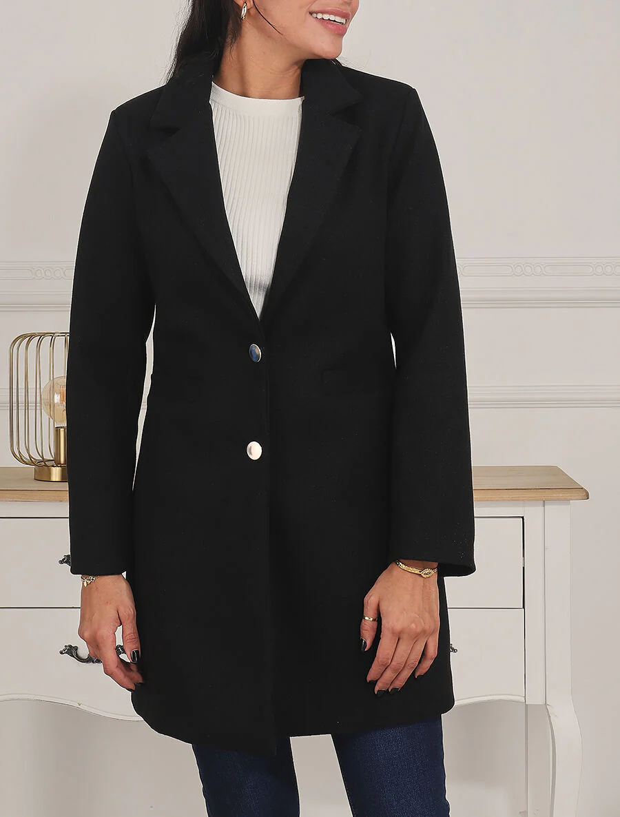 Manteau mi-long à boutons dorés - Noir - Image 4