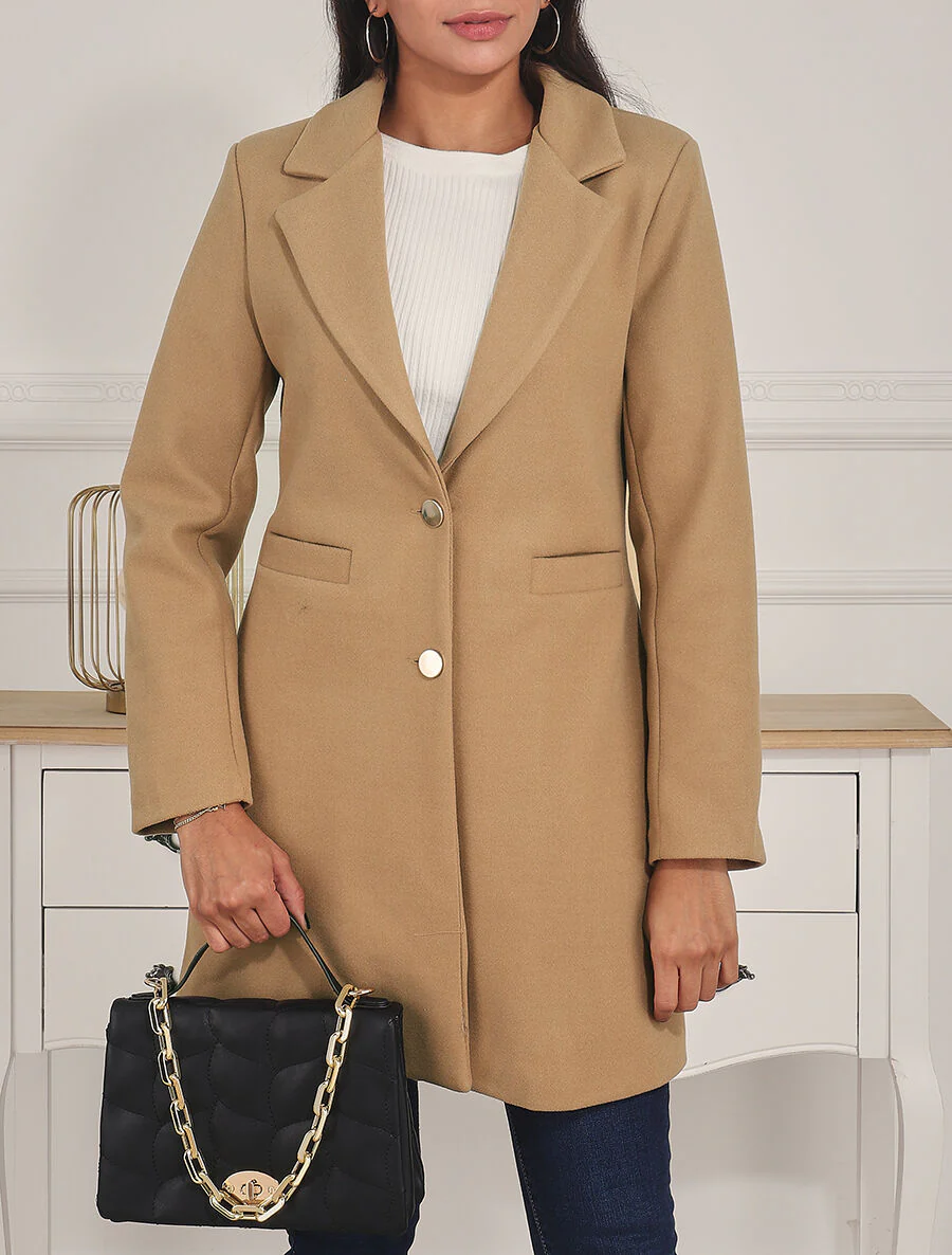 Manteau mi-long à boutons dorés - Camel - Image 3