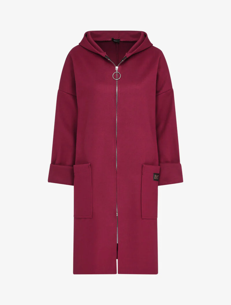 Manteau mi-long à capuche et manches à revers - Bordeaux