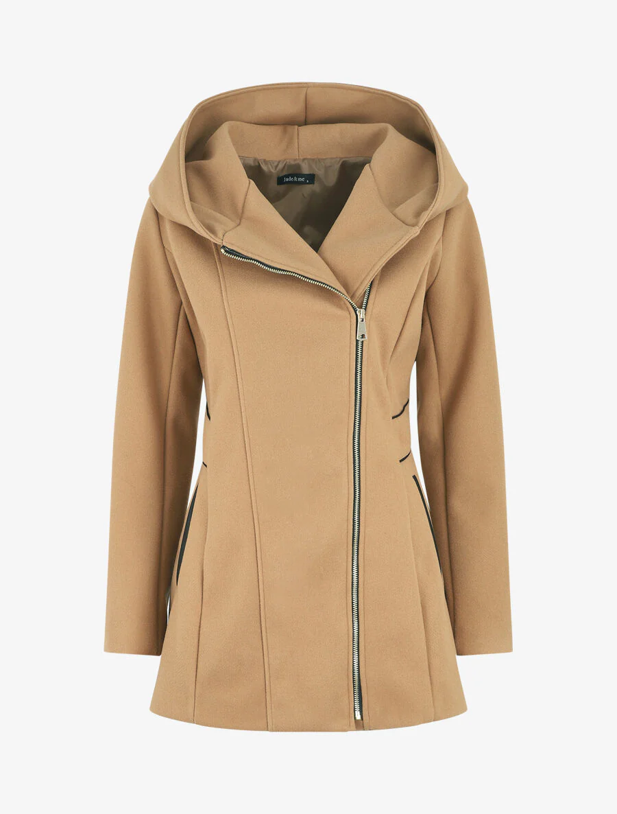 Manteau mi-long à capuche et zip - Camel