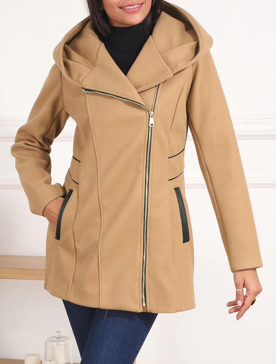 Manteau mi-long à capuche et zip - Camel - Image 4