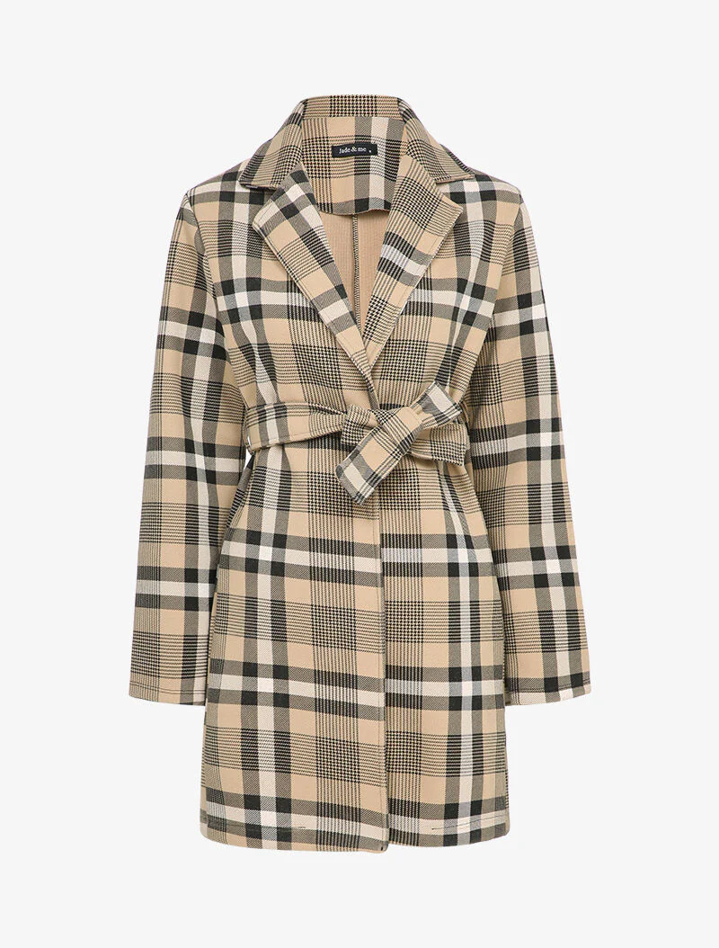 Manteau mi-long à carreaux - Beige