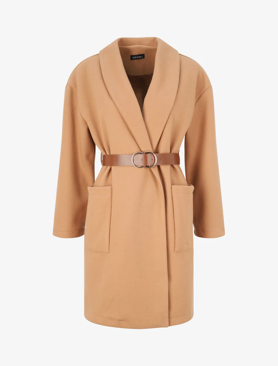 Manteau mi-long à col châle et ceinture - Camel