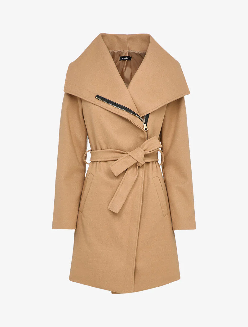 Manteau mi-long à zip et large col - Camel