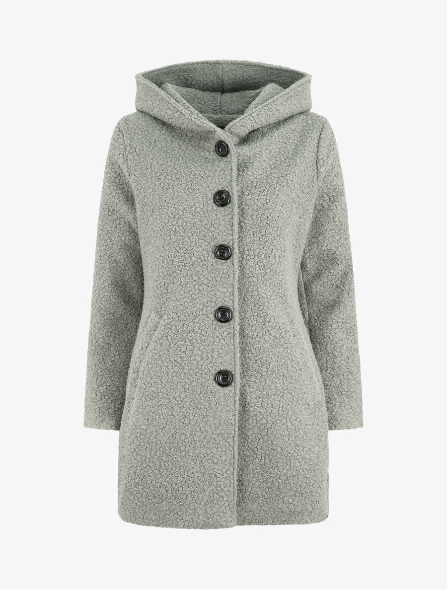 Manteau mi-long bouclé à capuche - Gris