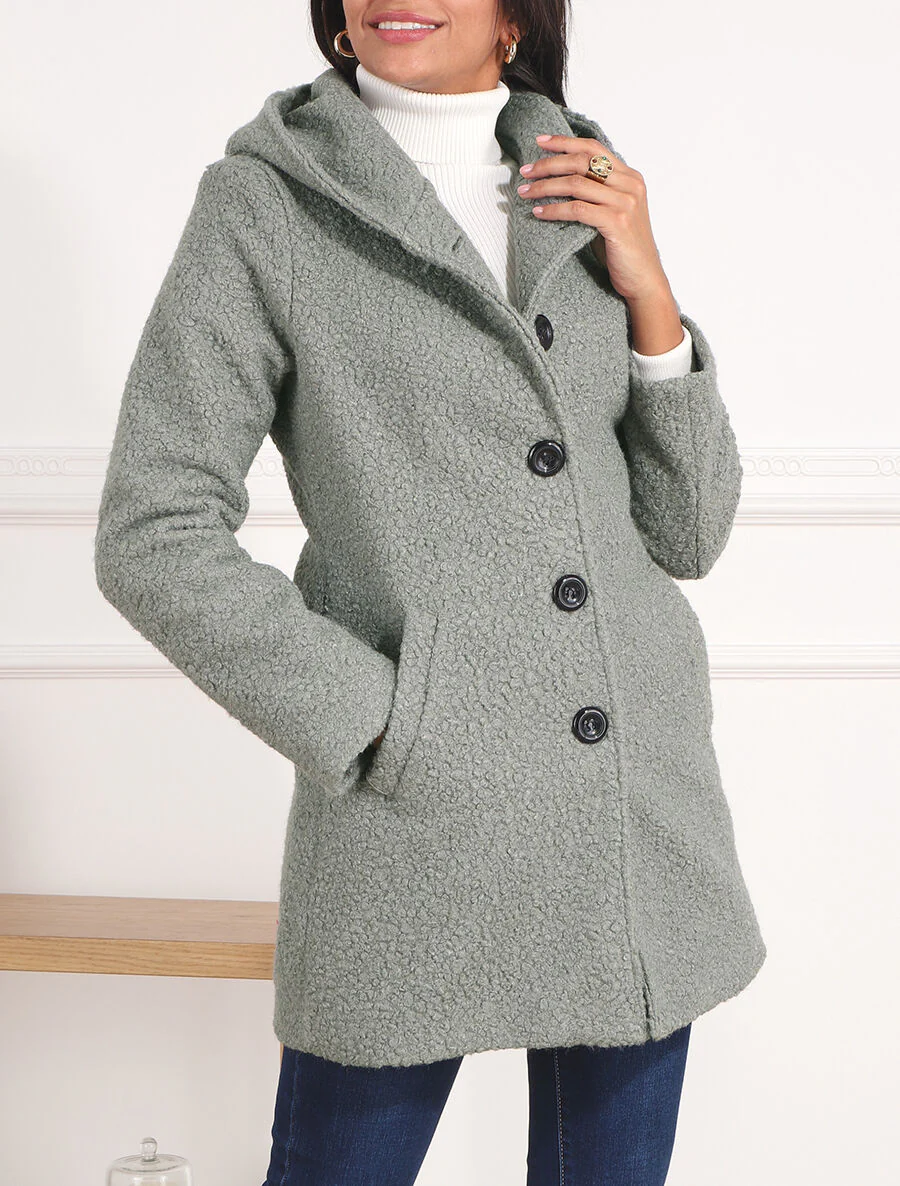 Manteau mi-long bouclé à capuche - Gris - Image 4