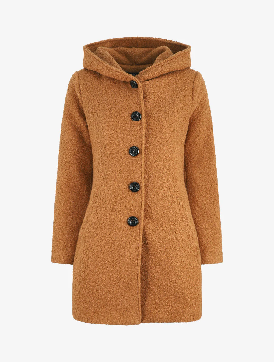Manteau mi-long bouclé à capuche - Camel