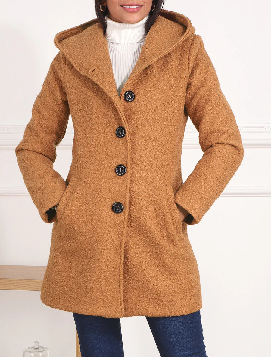 Manteau mi-long bouclé à capuche - Camel - Image 4
